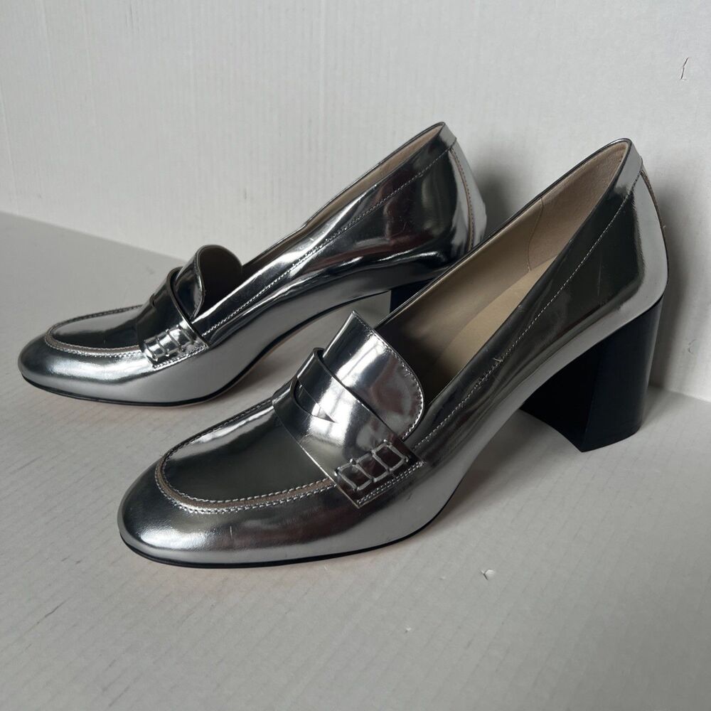 Theory Leather Loafer Pump Silver 3" Heel 41 /9.5-10 Italy NWOB